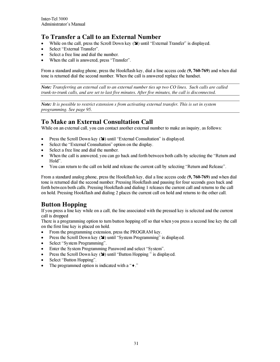 Inter-Tel 3000 manual To Transfer a Call to an External Number, To Make an External Consultation Call, Button Hopping 