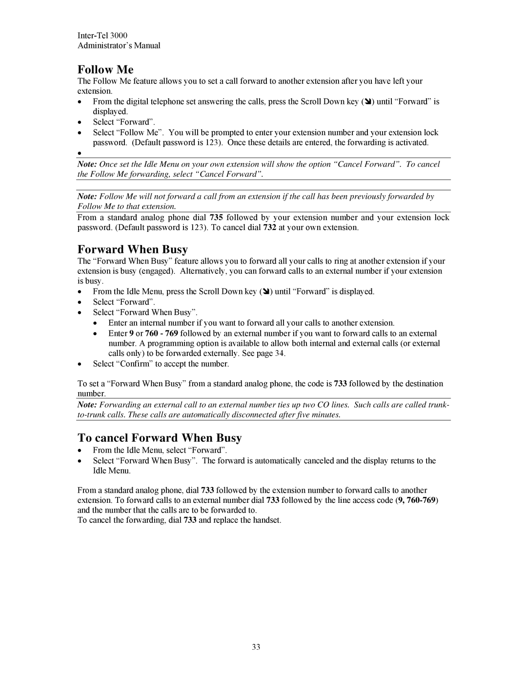 Inter-Tel 3000 manual Follow Me, To cancel Forward When Busy 