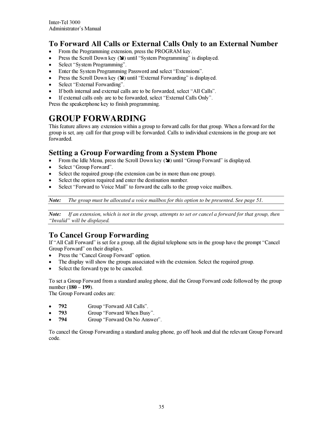 Inter-Tel 3000 manual Setting a Group Forwarding from a System Phone, To Cancel Group Forwarding 