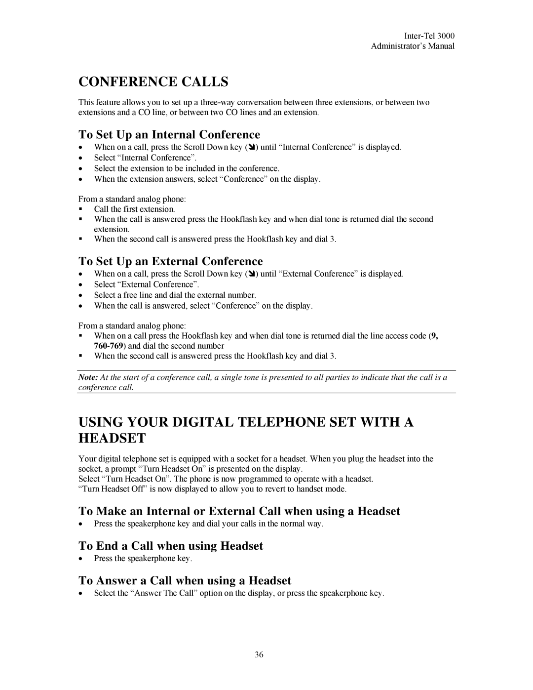 Inter-Tel 3000 manual Conference Calls, Using Your Digital Telephone SET with a Headset 