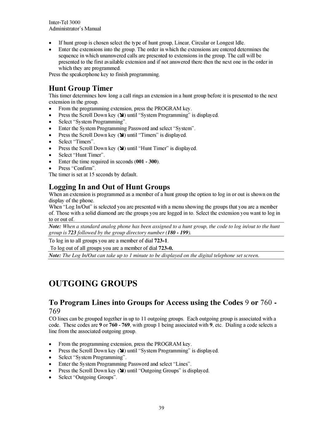 Inter-Tel 3000 manual Outgoing Groups, Hunt Group Timer, Logging In and Out of Hunt Groups 