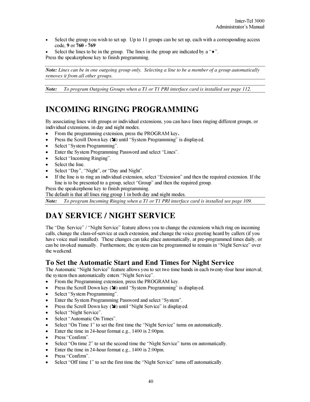 Inter-Tel 3000 manual Incoming Ringing Programming, DAY Service / Night Service 