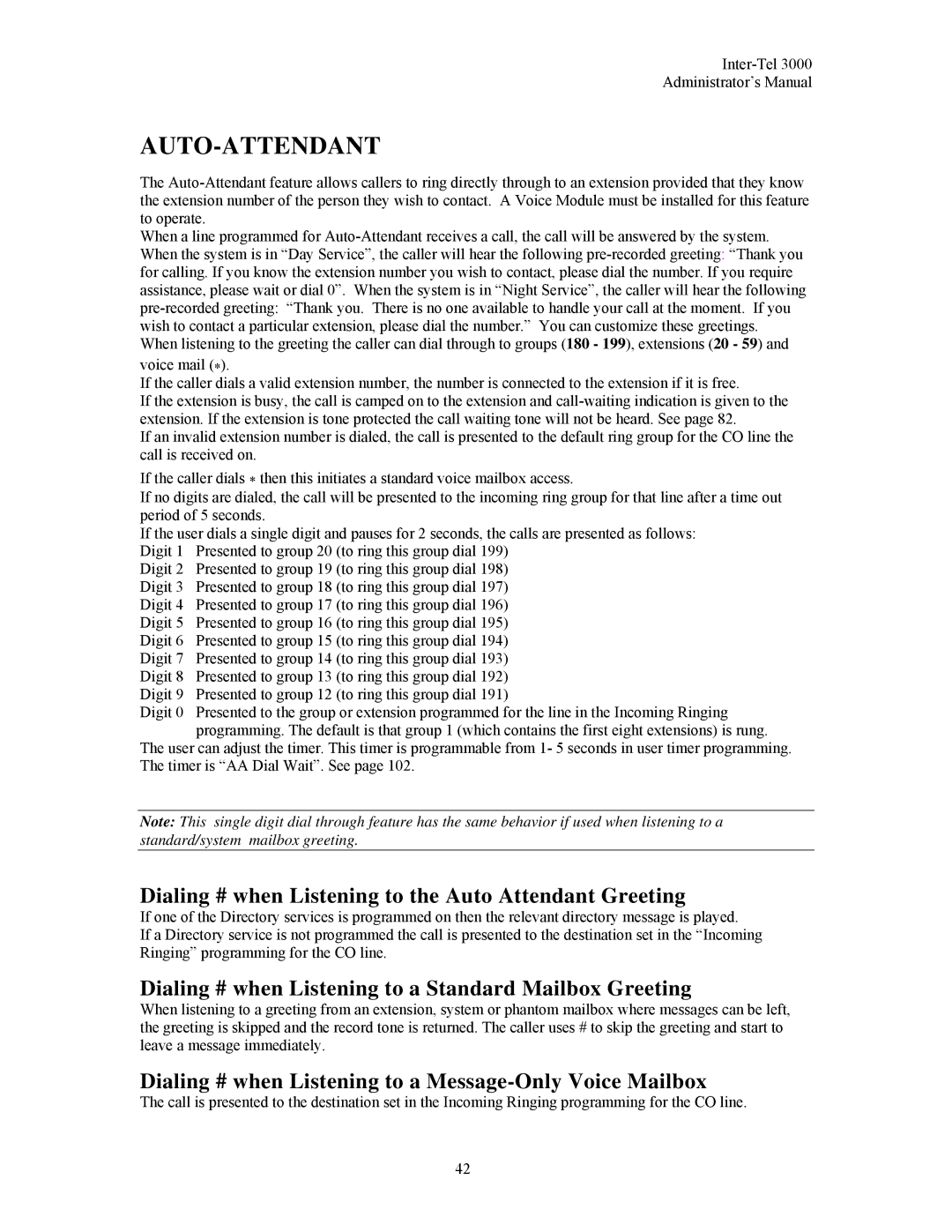 Inter-Tel 3000 manual Auto-Attendant, Dialing # when Listening to the Auto Attendant Greeting 