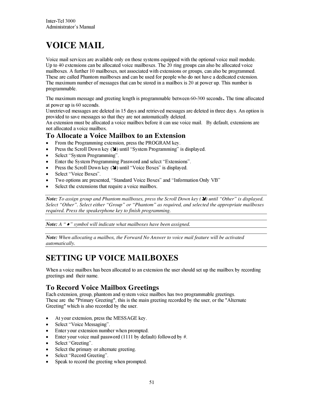 Inter-Tel 3000 manual Setting UP Voice Mailboxes, To Allocate a Voice Mailbox to an Extension 