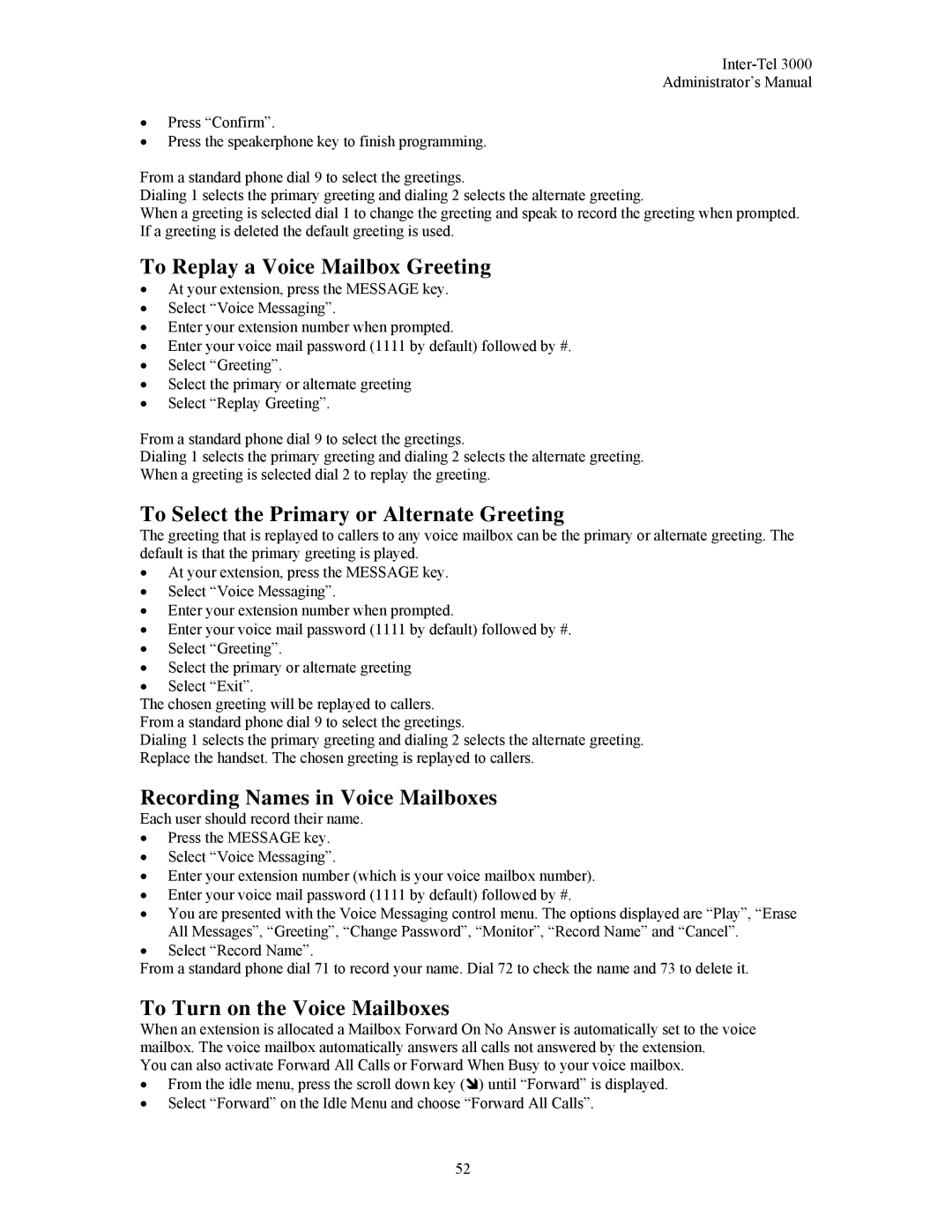 Inter-Tel 3000 manual To Replay a Voice Mailbox Greeting, To Select the Primary or Alternate Greeting 