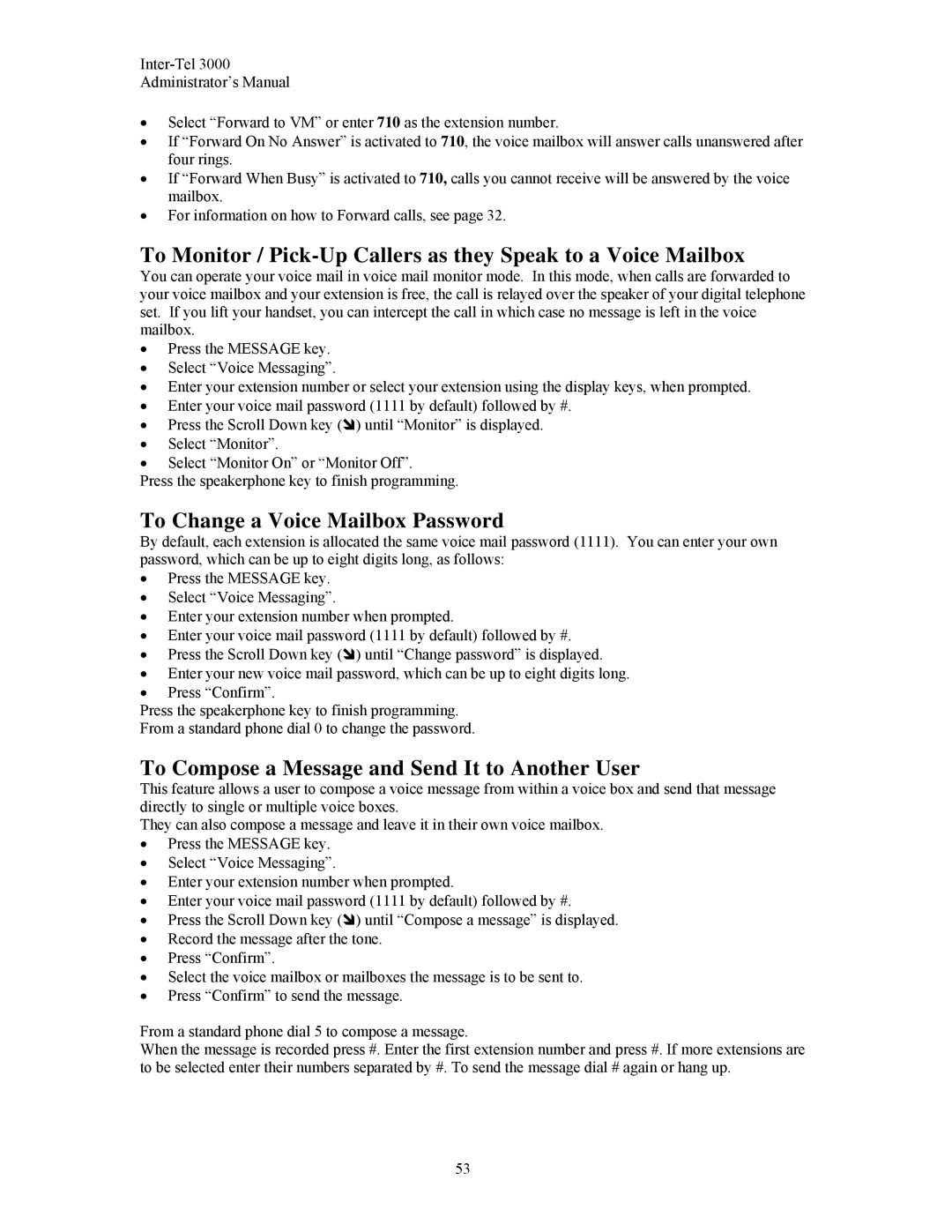 Inter-Tel 3000 manual To Change a Voice Mailbox Password, To Compose a Message and Send It to Another User 