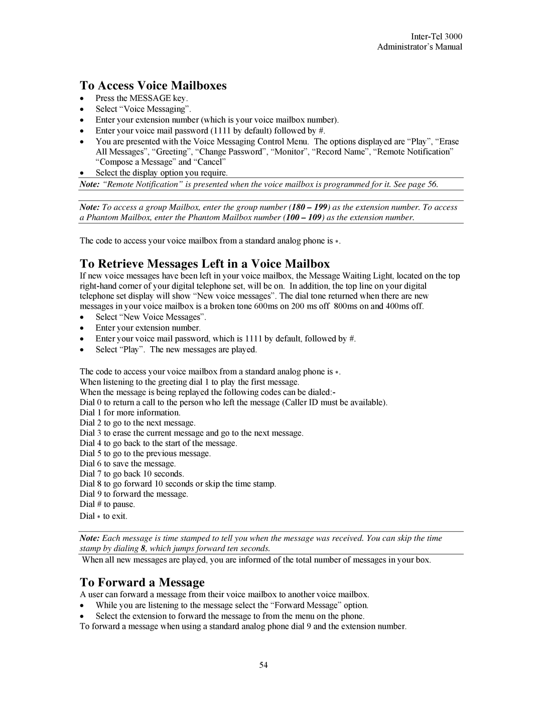 Inter-Tel 3000 manual To Access Voice Mailboxes, To Retrieve Messages Left in a Voice Mailbox, To Forward a Message 