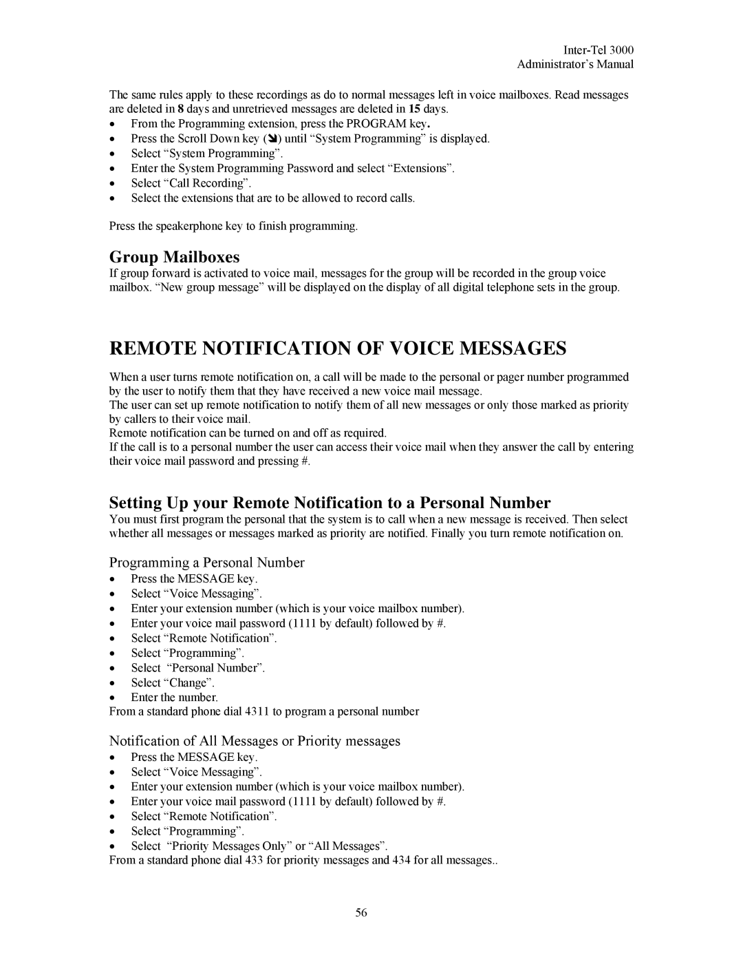 Inter-Tel 3000 manual Remote Notification of Voice Messages, Group Mailboxes, Programming a Personal Number 