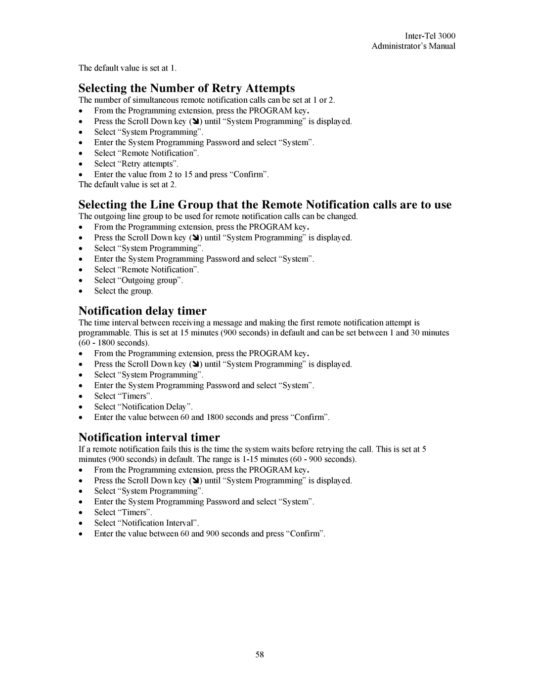Inter-Tel 3000 manual Selecting the Number of Retry Attempts, Notification delay timer, Notification interval timer 