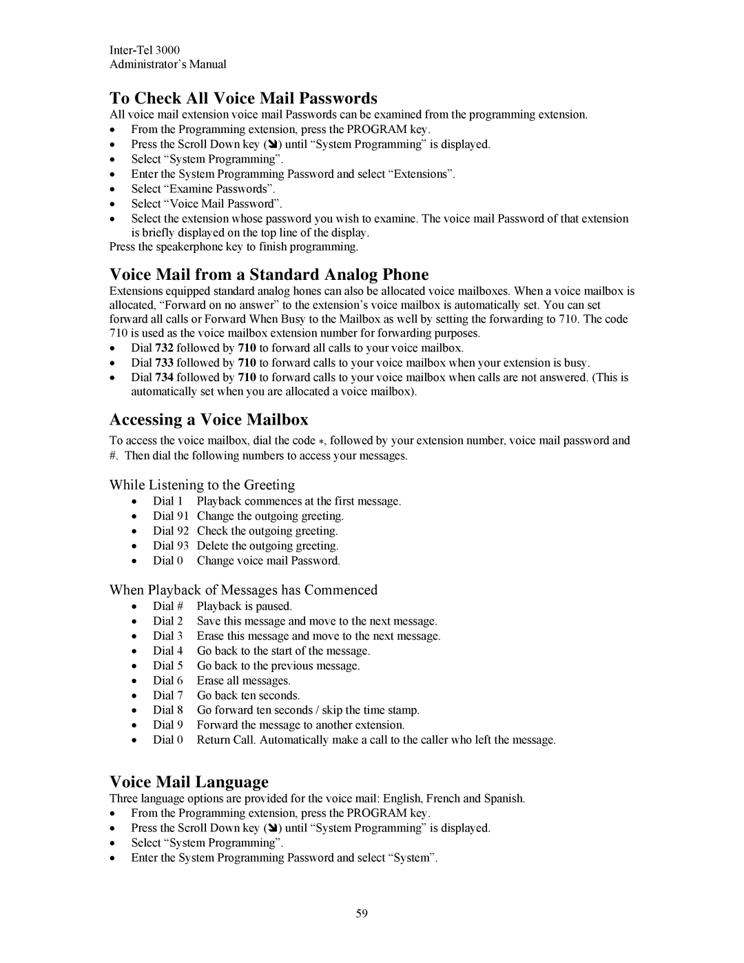 Inter-Tel 3000 manual To Check All Voice Mail Passwords, Voice Mail from a Standard Analog Phone, Accessing a Voice Mailbox 