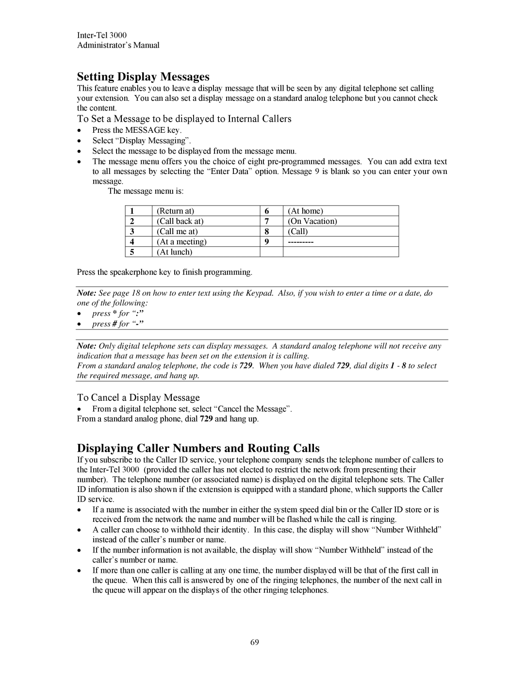Inter-Tel 3000 manual Setting Display Messages, Displaying Caller Numbers and Routing Calls, To Cancel a Display Message 