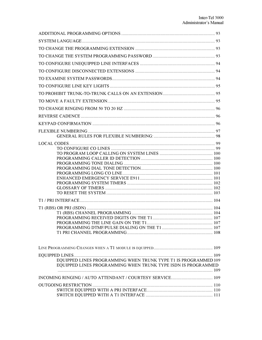 Inter-Tel 3000 manual Equipped Lines Programming When Trunk Type T1 is Programmed 