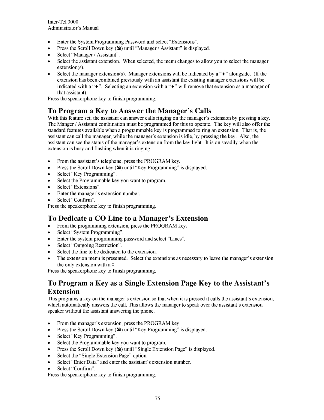 Inter-Tel 3000 manual To Program a Key to Answer the Manager’s Calls, To Dedicate a CO Line to a Manager’s Extension 