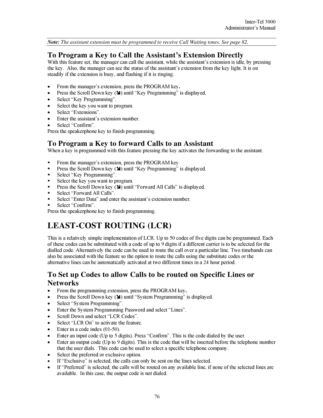 Inter-Tel 3000 manual LEAST-COST Routing LCR, To Program a Key to Call the Assistant’s Extension Directly 