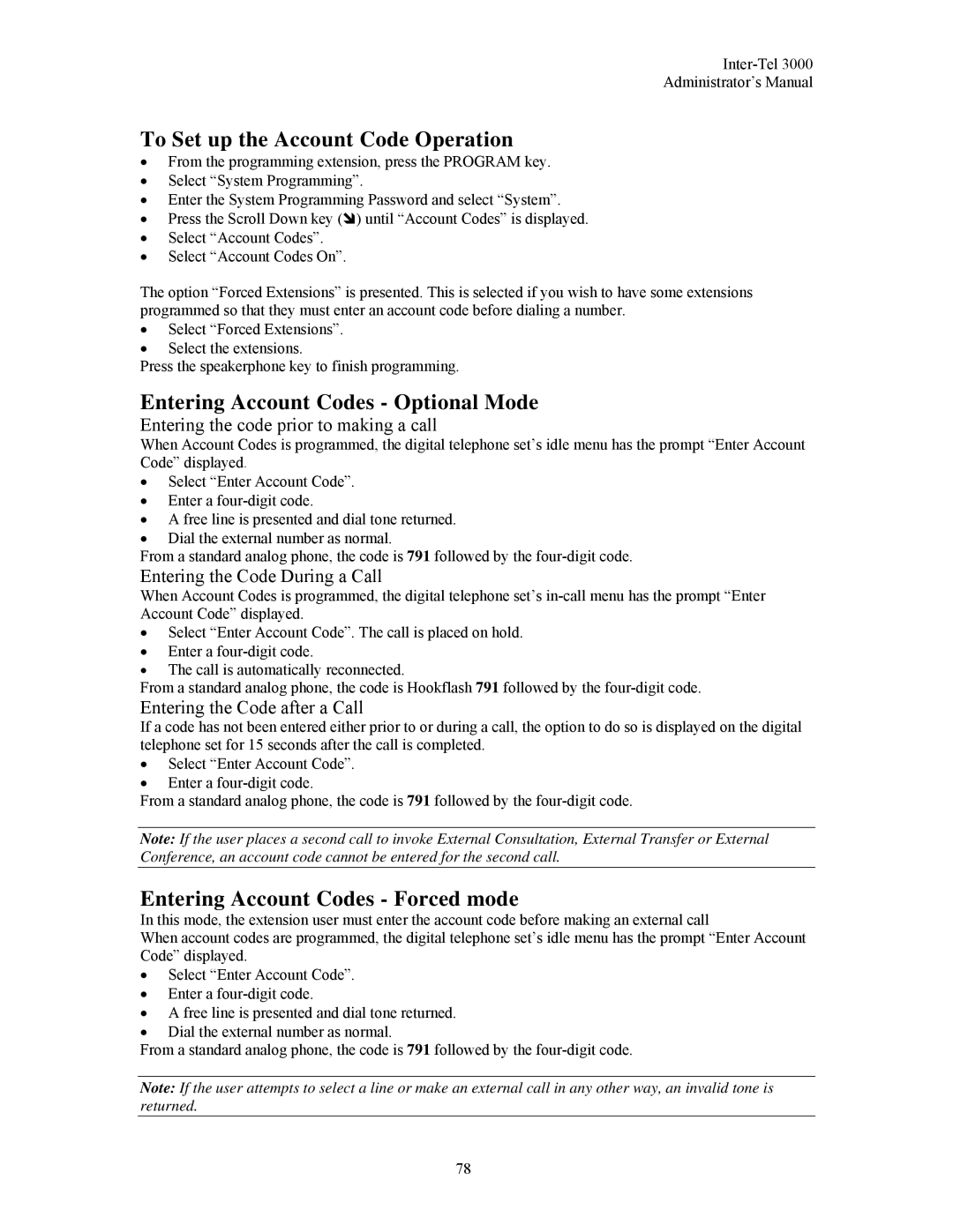 Inter-Tel 3000 manual To Set up the Account Code Operation, Entering Account Codes Optional Mode 