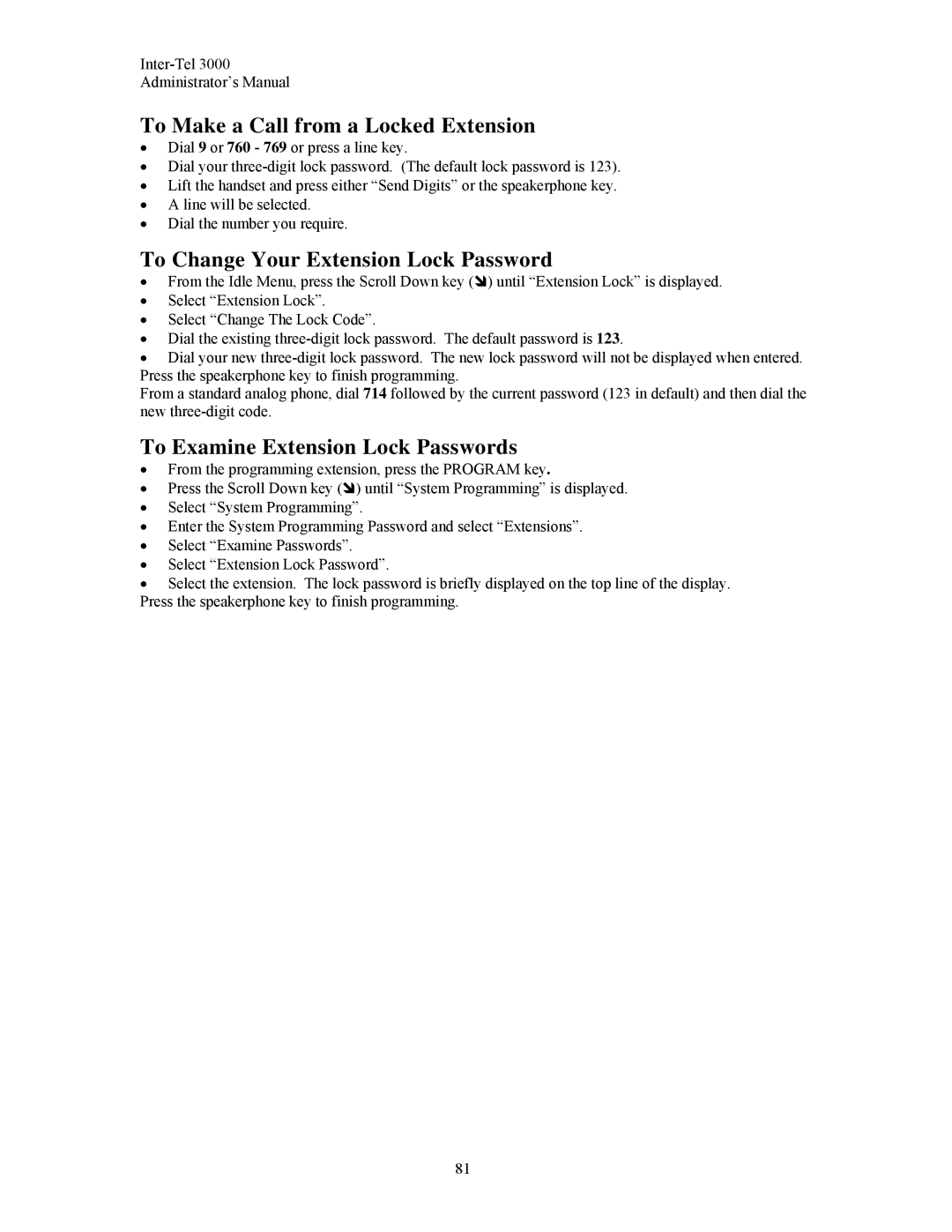 Inter-Tel 3000 manual To Make a Call from a Locked Extension, To Change Your Extension Lock Password 