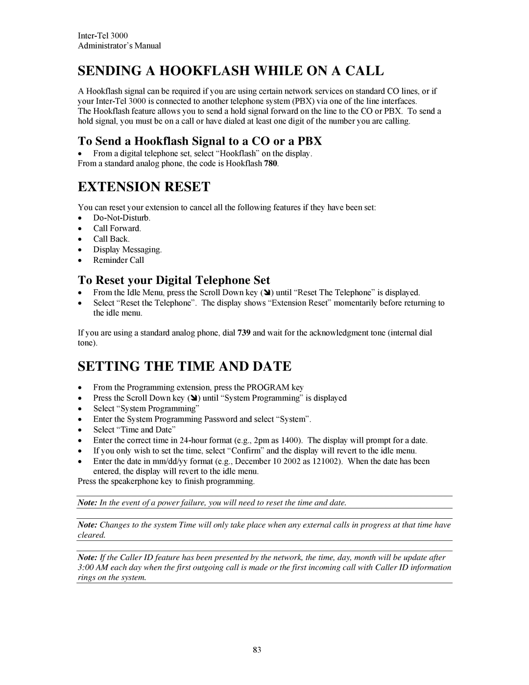 Inter-Tel 3000 manual Sending a Hookflash While on a Call, Extension Reset, Setting the Time and Date 