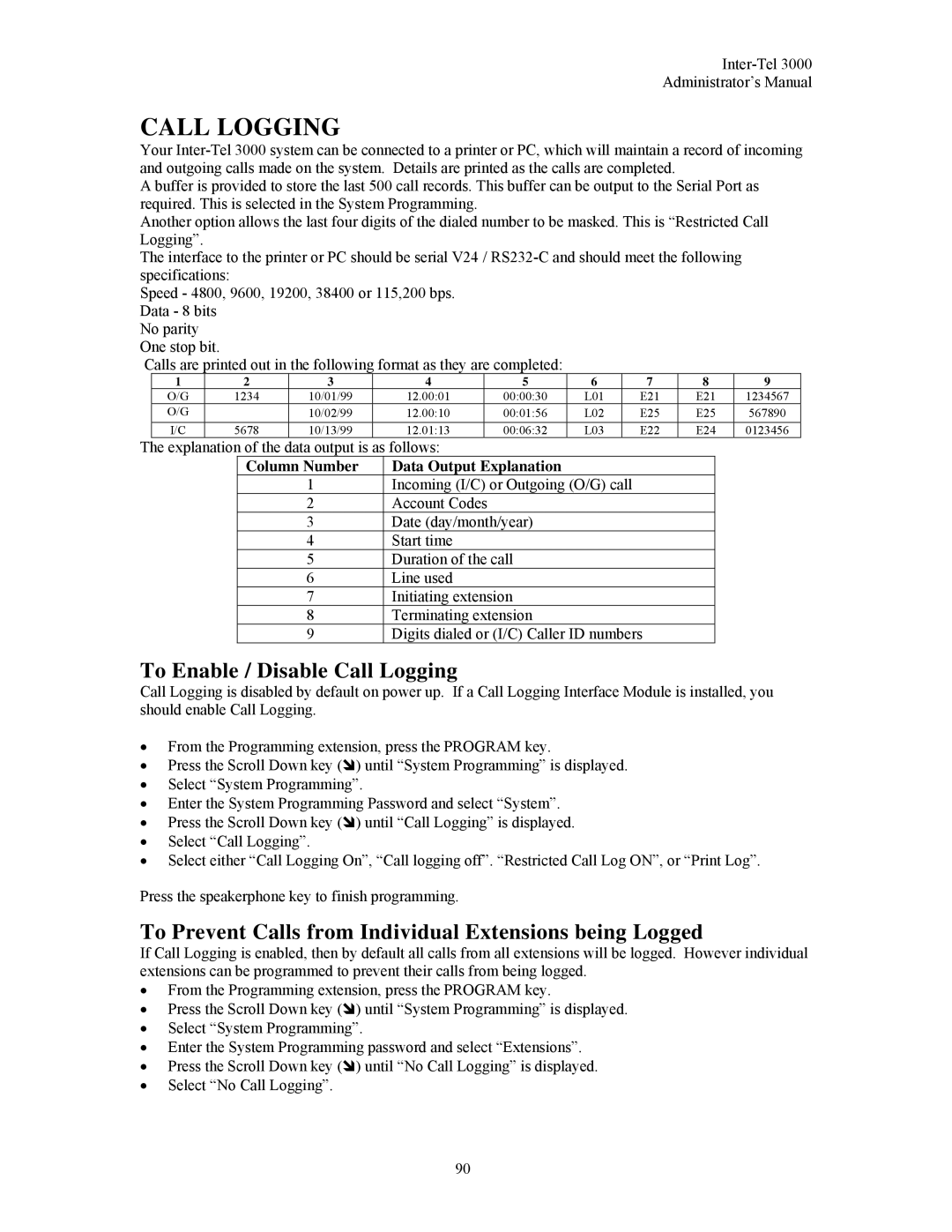 Inter-Tel 3000 manual To Enable / Disable Call Logging, To Prevent Calls from Individual Extensions being Logged 