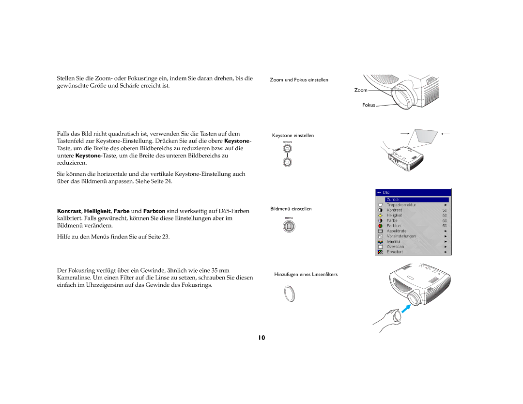 Inter-Tel 7205 manual Zoom und Fokus einstellen Keystone einstellen 