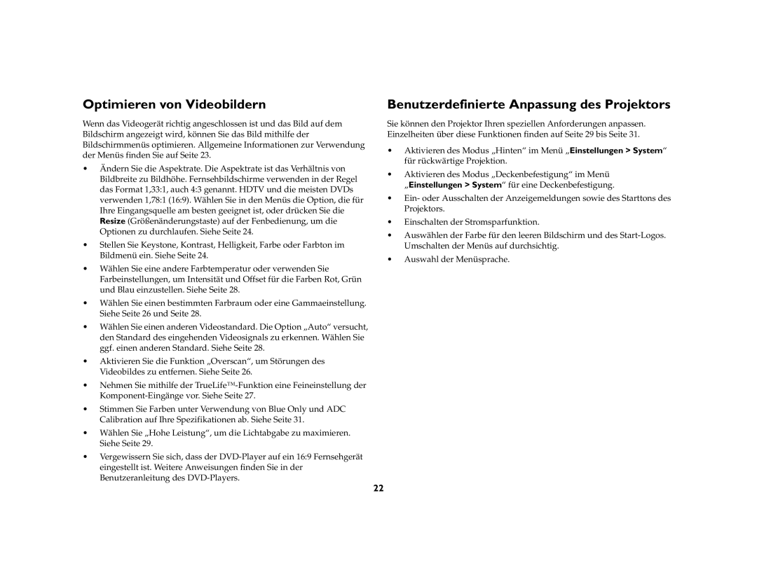 Inter-Tel 7205 manual Optimieren von Videobildern, Benutzerdefinierte Anpassung des Projektors 