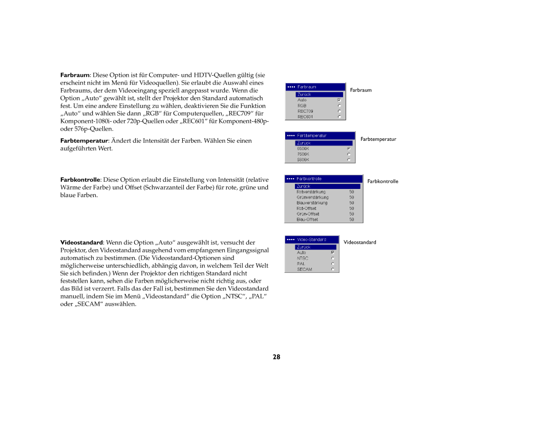 Inter-Tel 7205 manual Farbraum Farbtemperatur Farbkontrolle Videostandard 