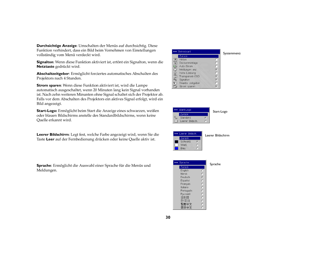 Inter-Tel 7205 manual Systemmenü Start-Logo Leerer Bildschirm Sprache 