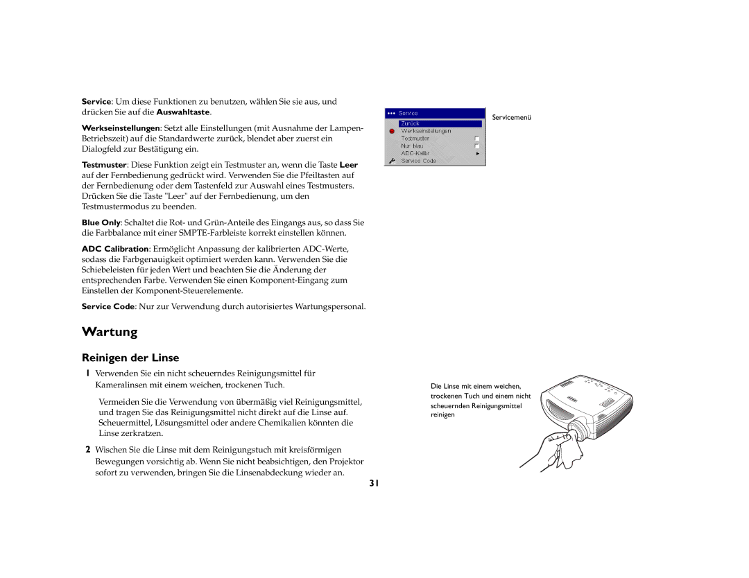 Inter-Tel 7205 manual Wartung, Reinigen der Linse 