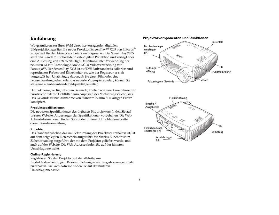 Inter-Tel 7205 Einführung, Projektorkomponenten und -funktionen, Produktspezifikationen, Zubehör, Online-Registrierung 