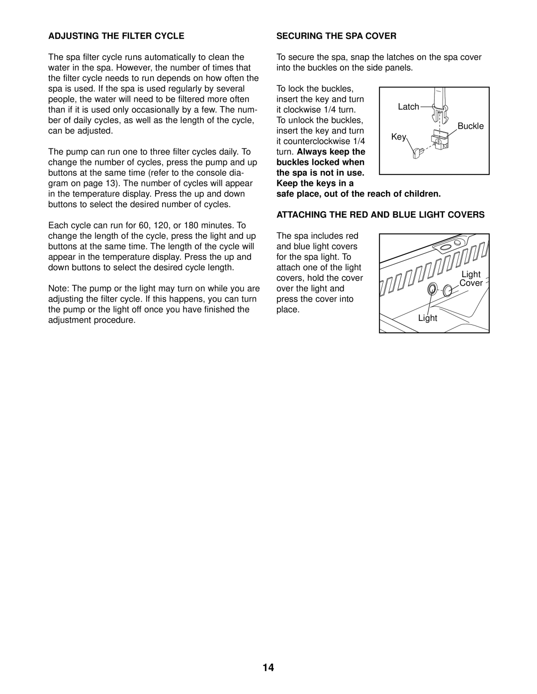 Inter-Tel 831.10507 user manual Adjusting the Filter Cycle, Securing the SPA Cover, Latch Buckle Key 