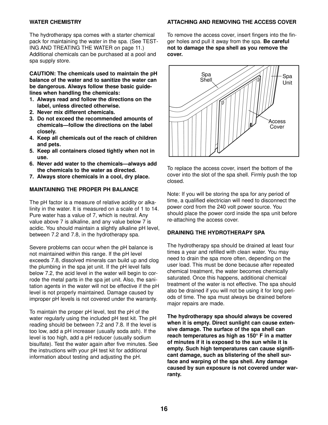 Inter-Tel 831.10507 user manual Water Chemistry, Maintaining the Proper PH Balance, Draining the Hydrotherapy SPA 