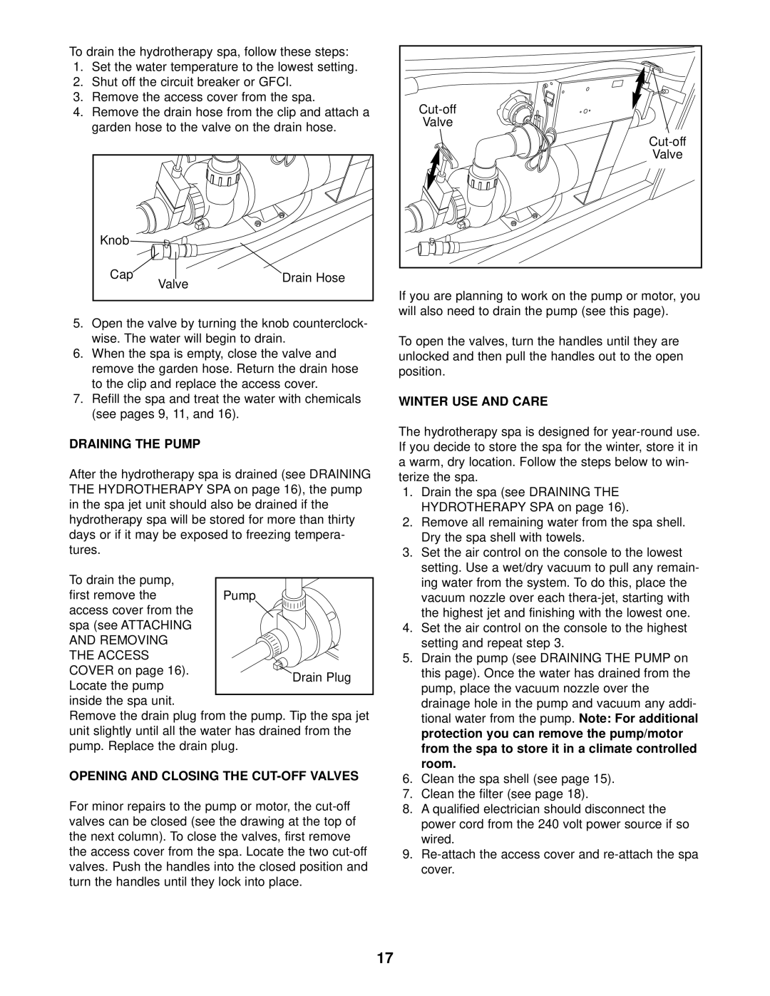 Inter-Tel 831.10507 user manual Draining the Pump, Opening and Closing the CUT-OFF Valves, Winter USE and Care 