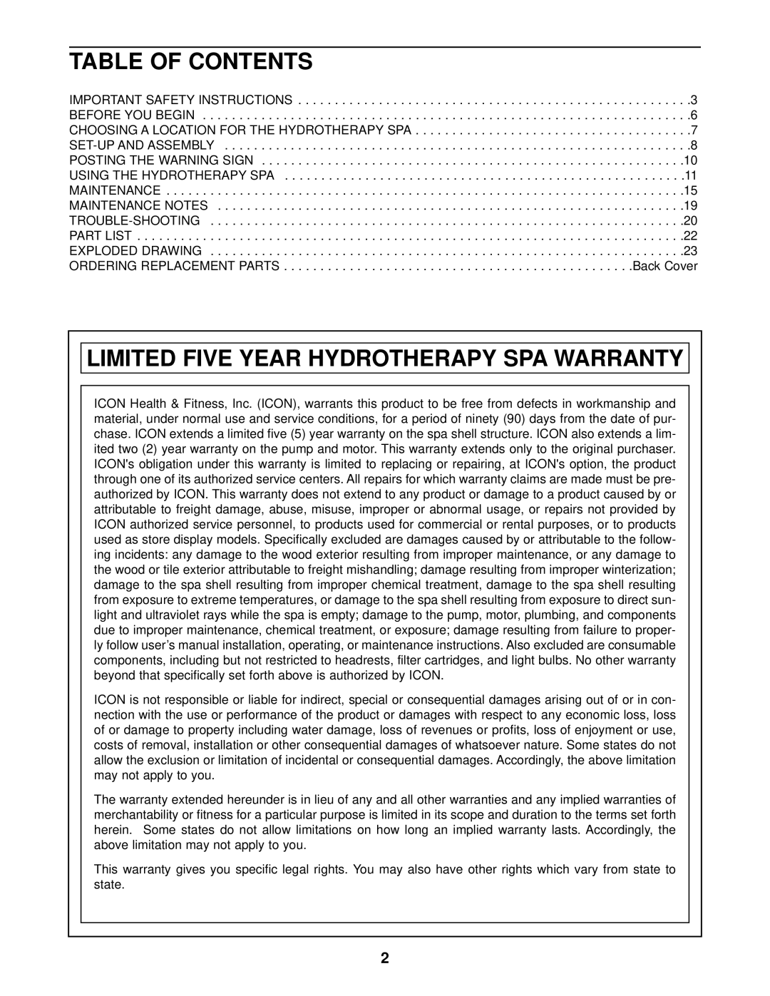 Inter-Tel 831.10507 user manual Table of Contents, Limited Five Year Hydrotherapy SPA Warranty 