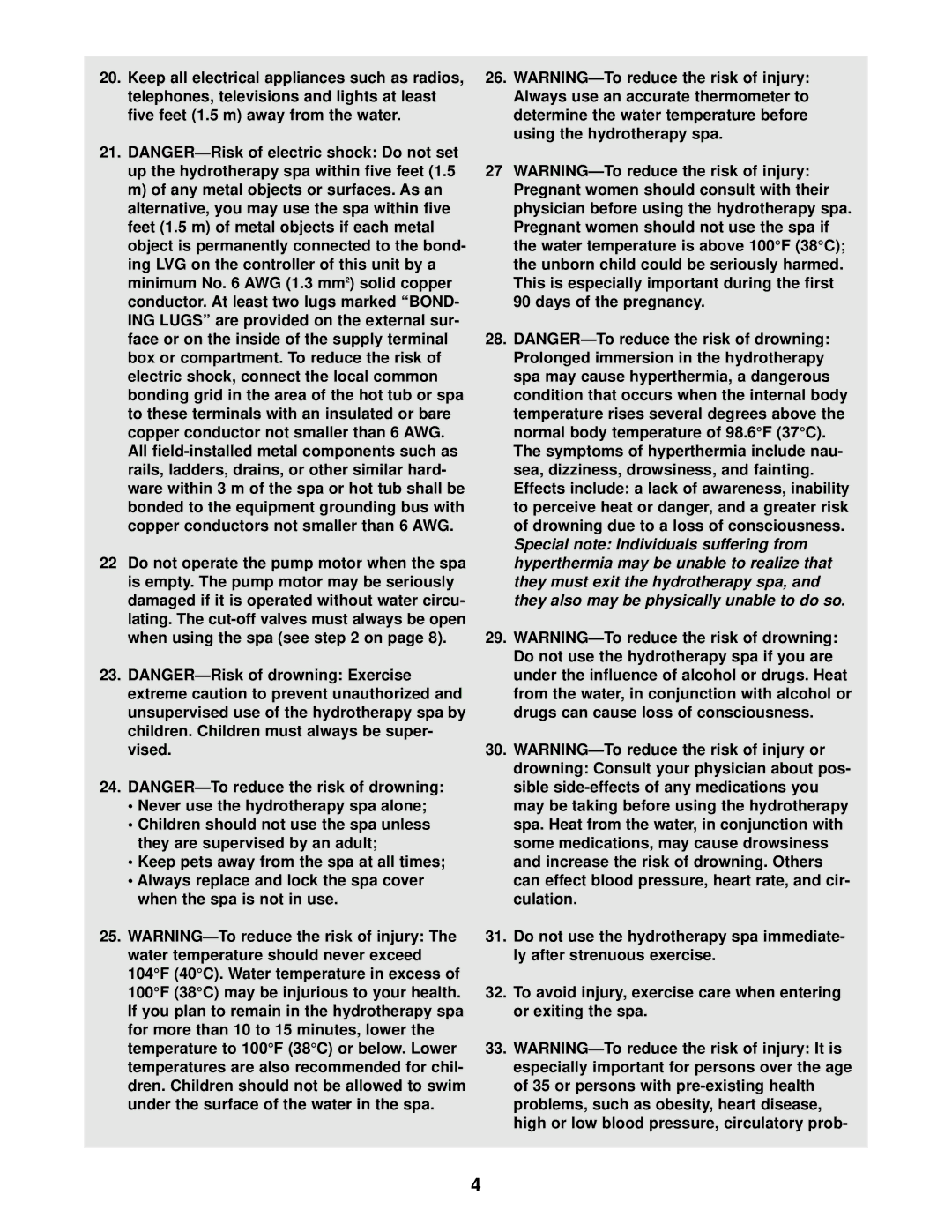 Inter-Tel 831.10507 user manual Minimum No AWG 1.3 mm, Never use the hydrotherapy spa alone 