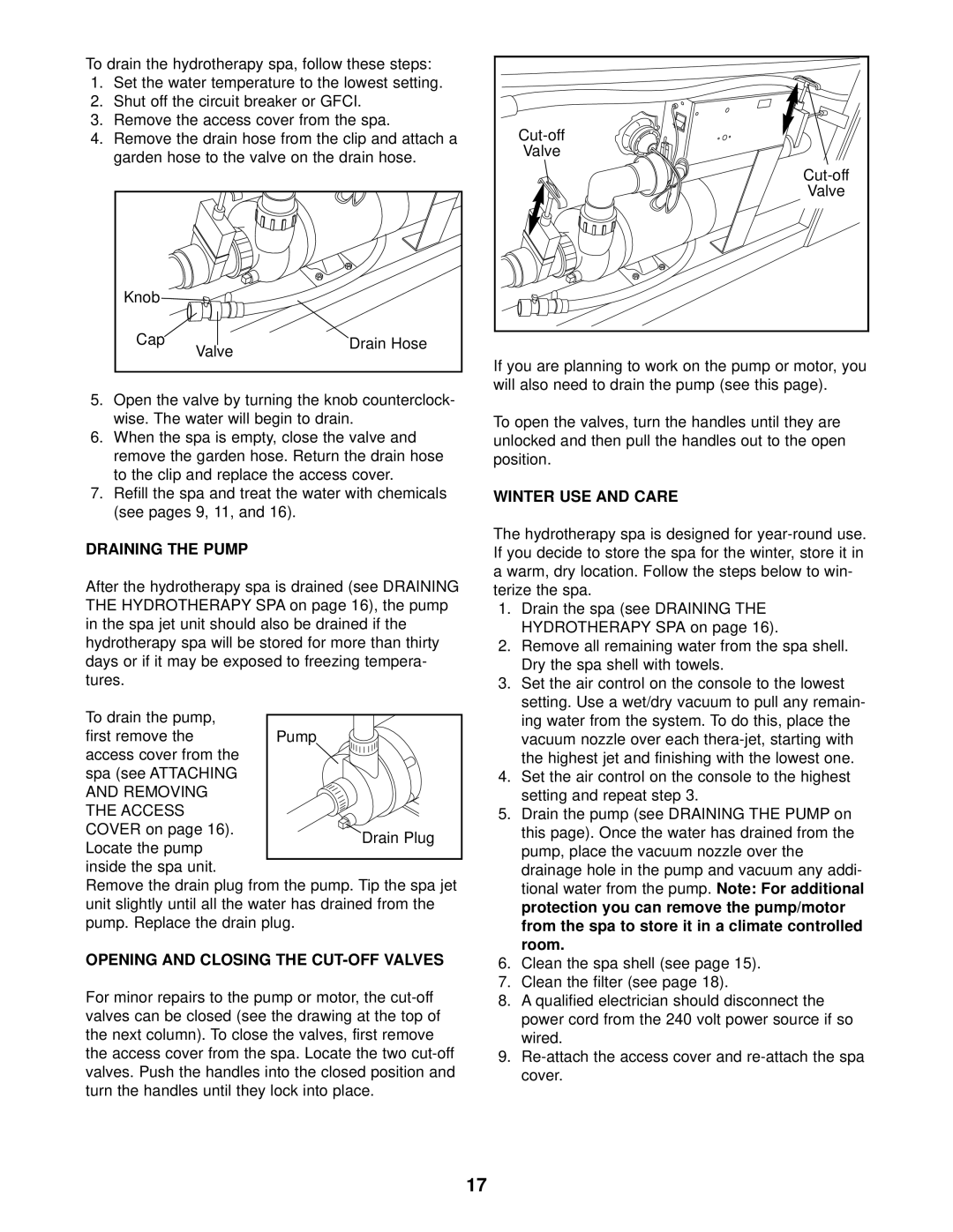 Inter-Tel 831.10507 user manual Draining The Pump, Opening And Closing The Cut-Off Valves, Winter Use And Care 