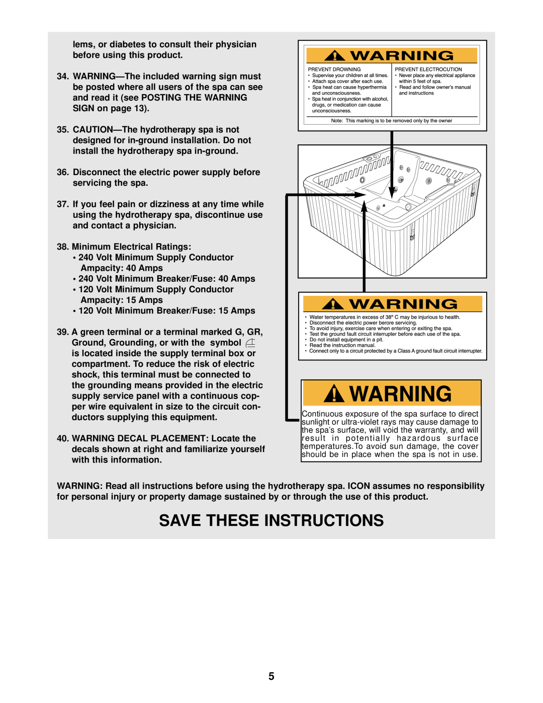 Inter-Tel 831.10507 Save These Instructions, CAUTION-The hydrotherapy spa is not, Volt Minimum Breaker/Fuse 40 Amps 