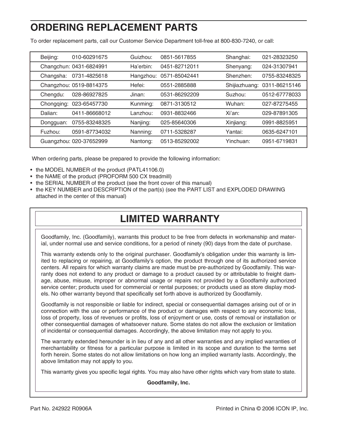 Inter-Tel PATL41106.0 user manual Ordering Replacement Parts, Limited Warranty, Goodfamily, Inc 