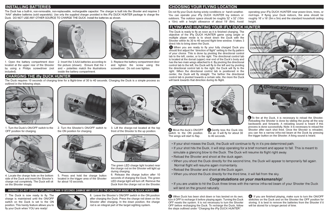 Interact-TV 44028 Installing Batteries, Choosing Your Flying Location, Flying and Hunting Your Ifly Duck Hunter 