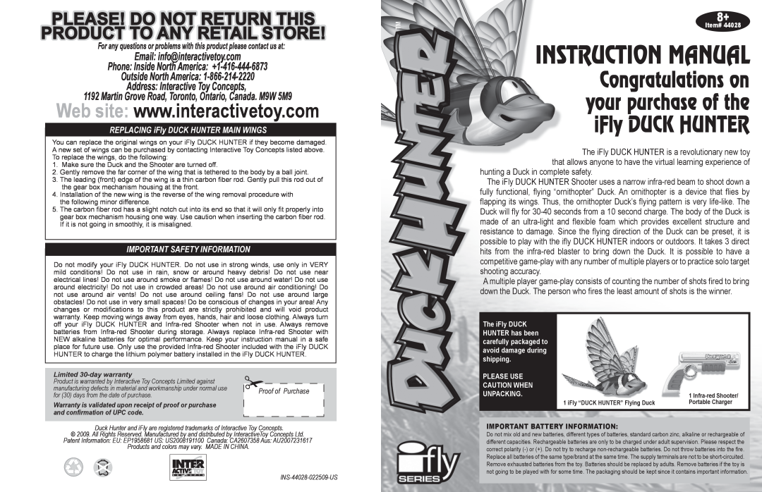 Interact-TV 44028 instruction manual Please! Do Not Return This Product To Any Retail Store, Email info@interactivetoy.com 