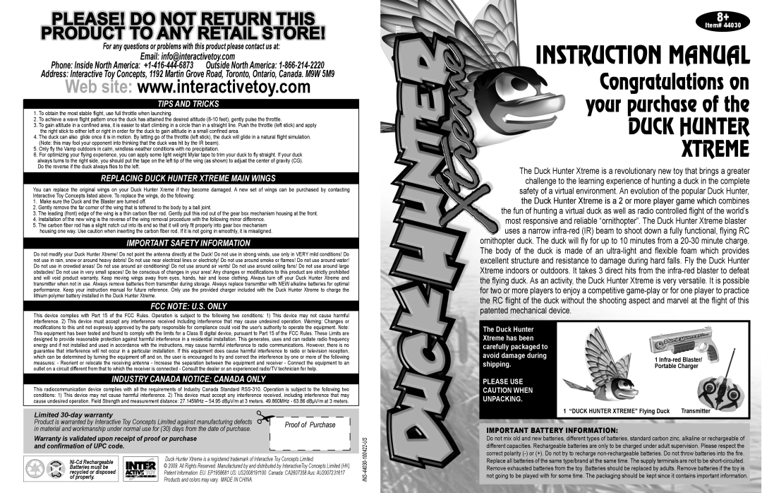 Interact-TV 44030 instruction manual Instruction Manual, Please! Do Not Return This Product To Any Retail Store 