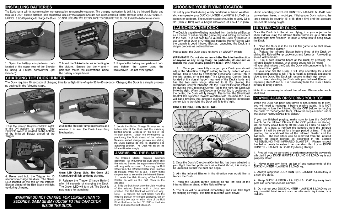 Interact-TV 44078 Installing Batteries, Charging the Duck Hunter, Choosing Your Flying Location, Launching the Duck 