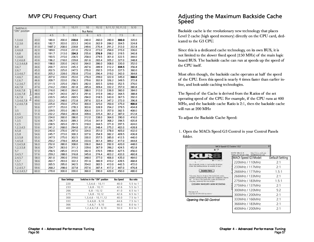 Interex MACh Speed G3 quick start MVP CPU Frequency Chart, Adjusting the Maximum Backside Cache Speed 
