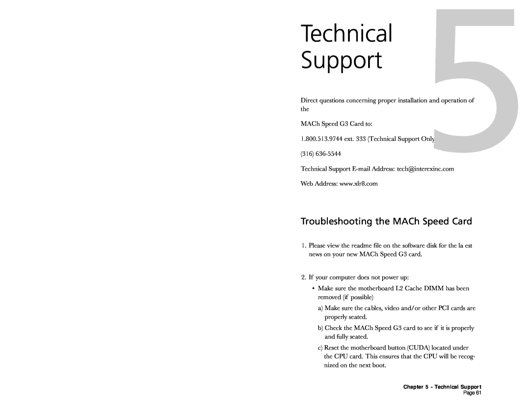Interex MACh Speed G3 quick start Technical Support, Troubleshooting the MACh Speed Card 