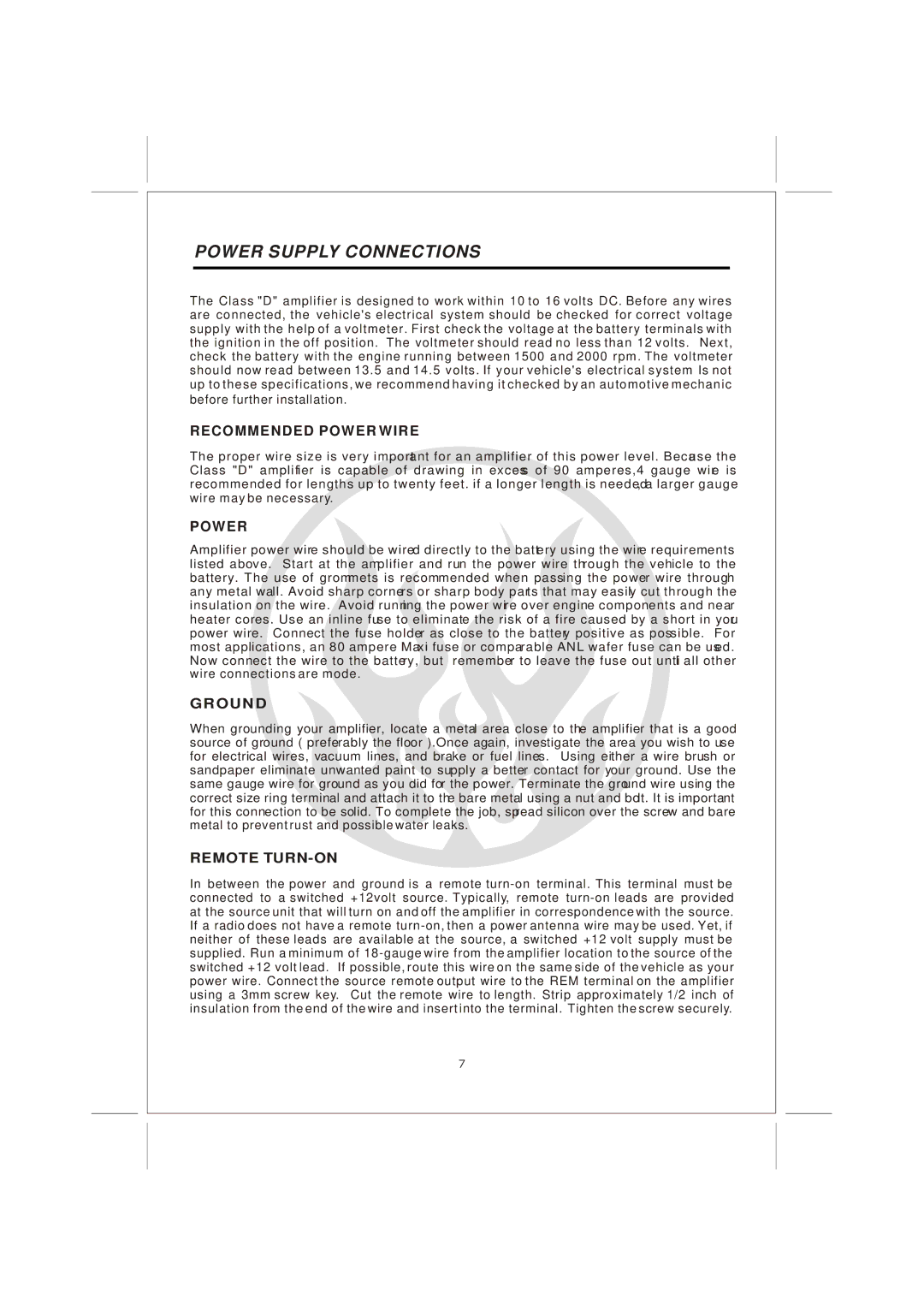 Interfire Audio G1-1200, G1-2000, G1-3000 instruction manual Power Supply Connections, Recommended Power Wire 