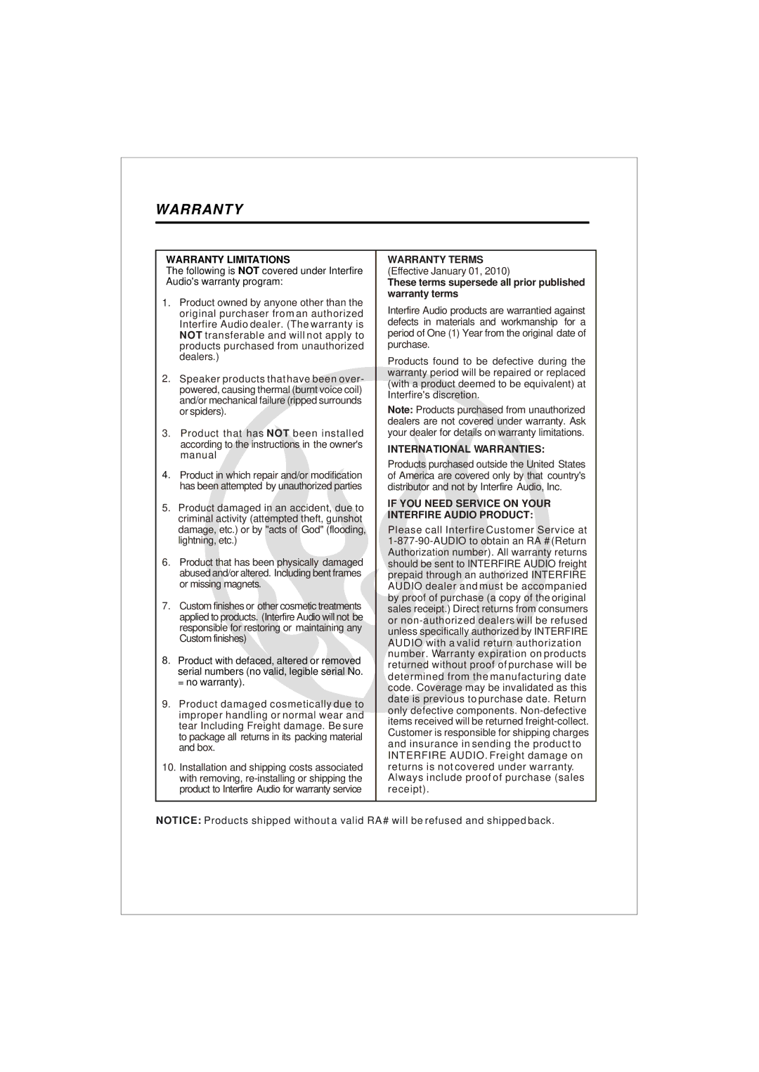 Interfire Audio G2-1200, G4-1000, G5-900, G2-800, G4-800, G4-600, G2-600 instruction manual Warranty 