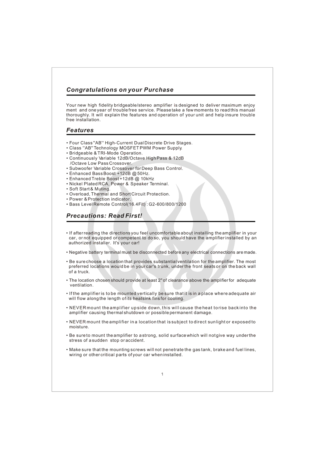 Interfire Audio G4-800, G4-1000, G5-900, G2-800, G4-600, G2-1200, G2-600 instruction manual Congratulations on your Purchase 