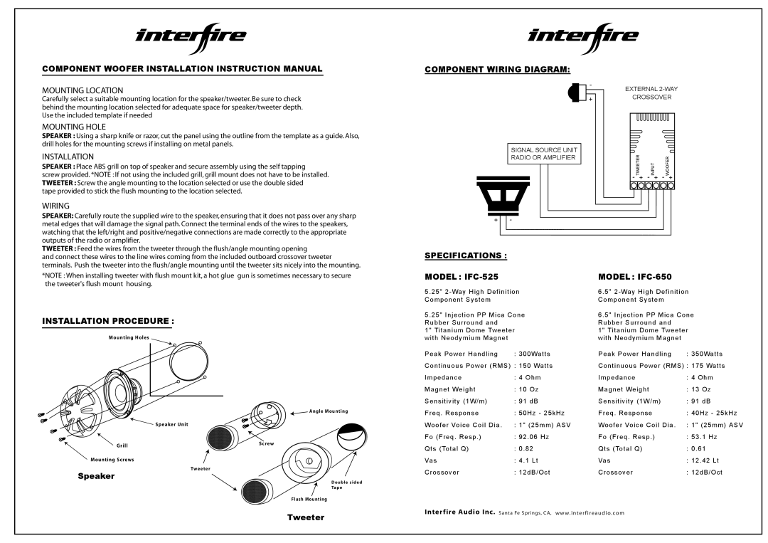 Interfire Audio IFC-650 specifications Mounting Location, Mounting Hole, Wiring, Installation Procedure, MODEL IFC-525 
