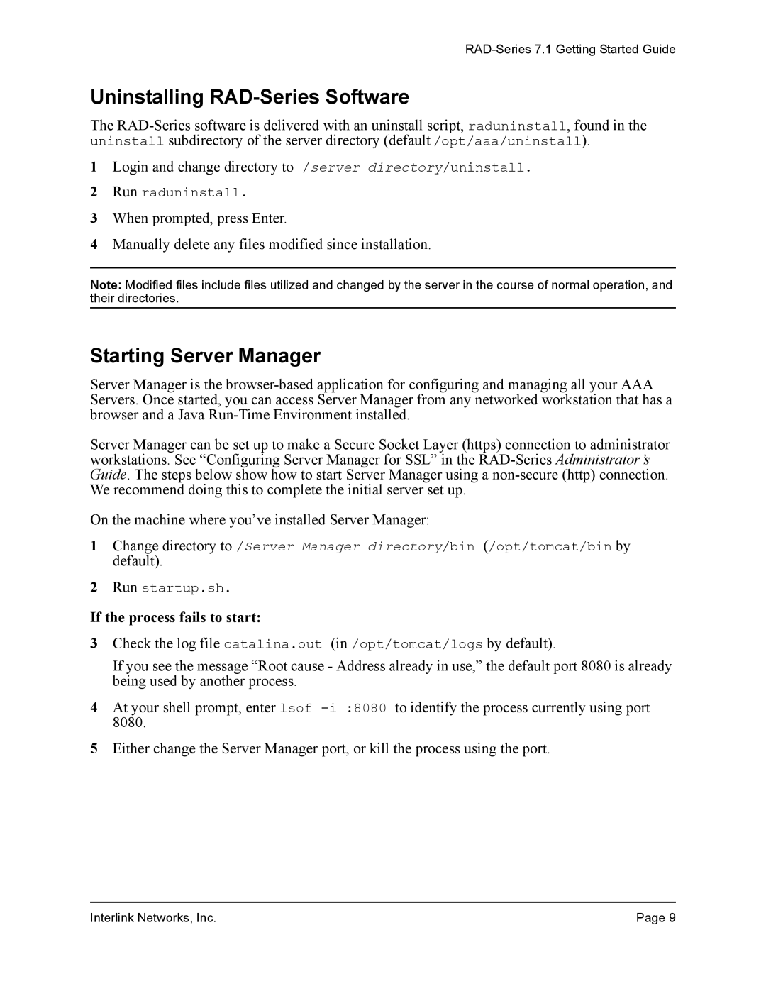 Interlink electronic 7.1 manual Uninstalling RAD-Series Software, Starting Server Manager 