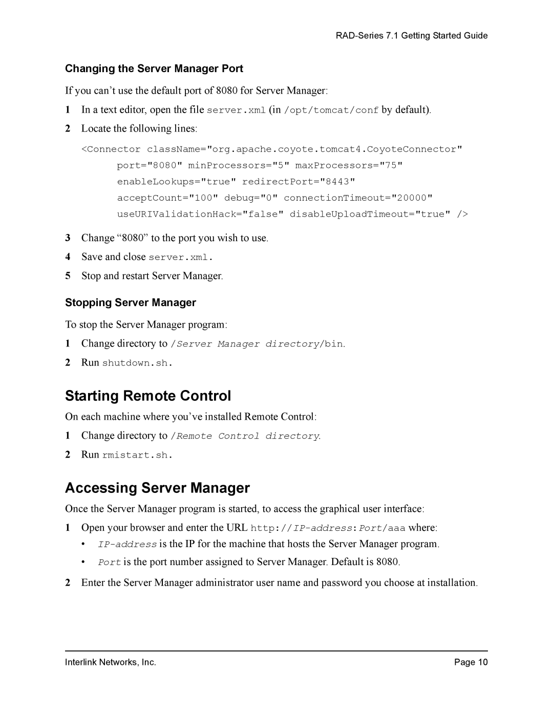 Interlink electronic 7.1 manual Starting Remote Control, Accessing Server Manager, Changing the Server Manager Port 