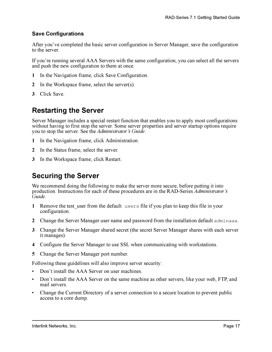 Interlink electronic 7.1 manual Restarting the Server, Securing the Server, Save Configurations 