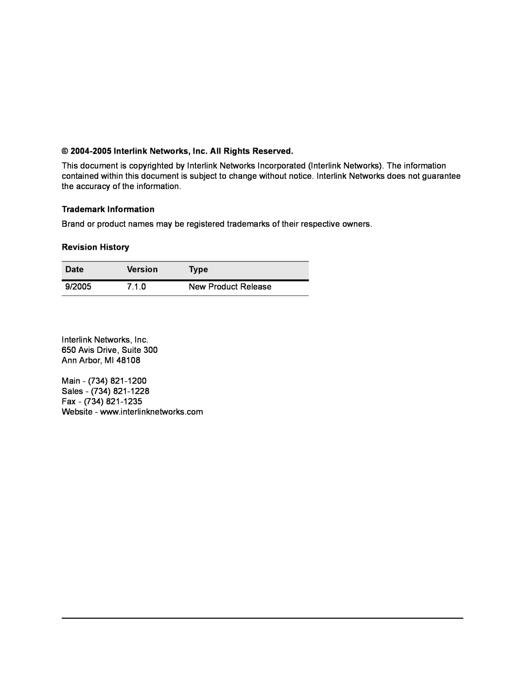 Interlink electronic 7.1 Interlink Networks, Inc. All Rights Reserved, Trademark Information, Revision History, Date, Type 